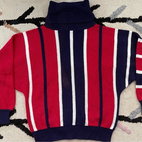 Vintage Sweater Striped Turtleneck Cowl Neck L Red White Blue - Picture 6 of 16